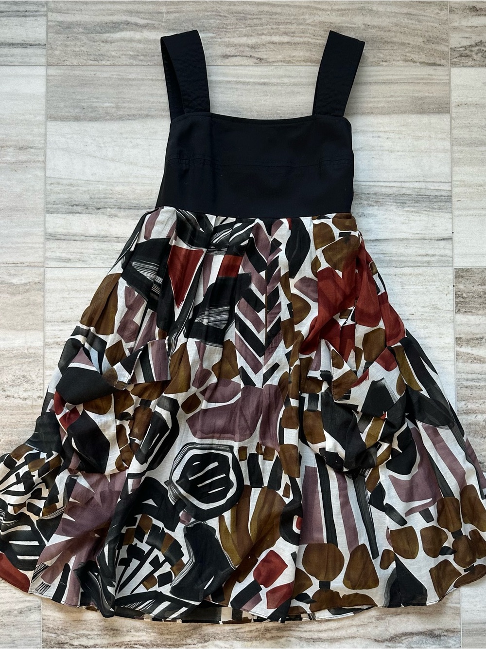 Taylor Black Bodice Dress with Red, Brown and Cream Abstract Skirt